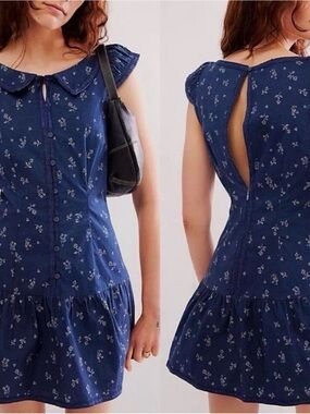 Free People Navy Floral Keyhole Mini Dress